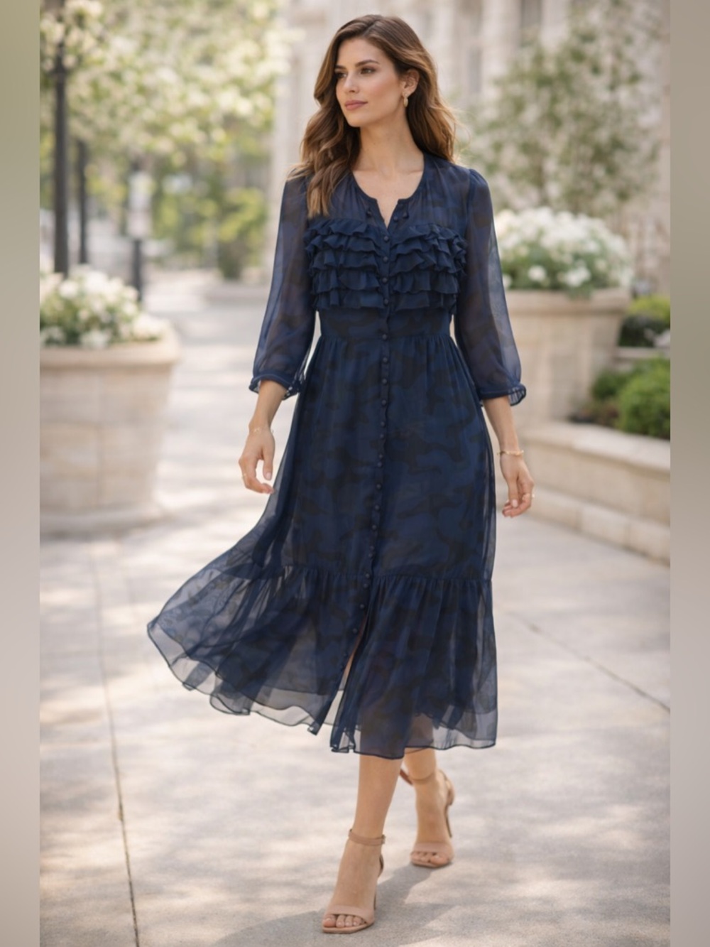 Banana Republic Navy Blue Ruffle Front Midi Dress 10P Petite Long Sleeve Camo G